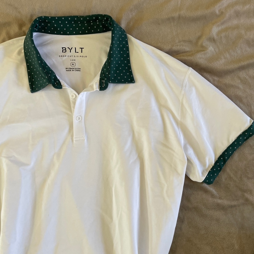 BYLT Basics White Polo with Green Collar